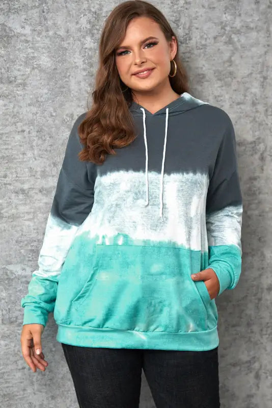 Gray gradient colorblock pullover hoodie - green / 5x / 95% polyester + 5% elastane - plus size