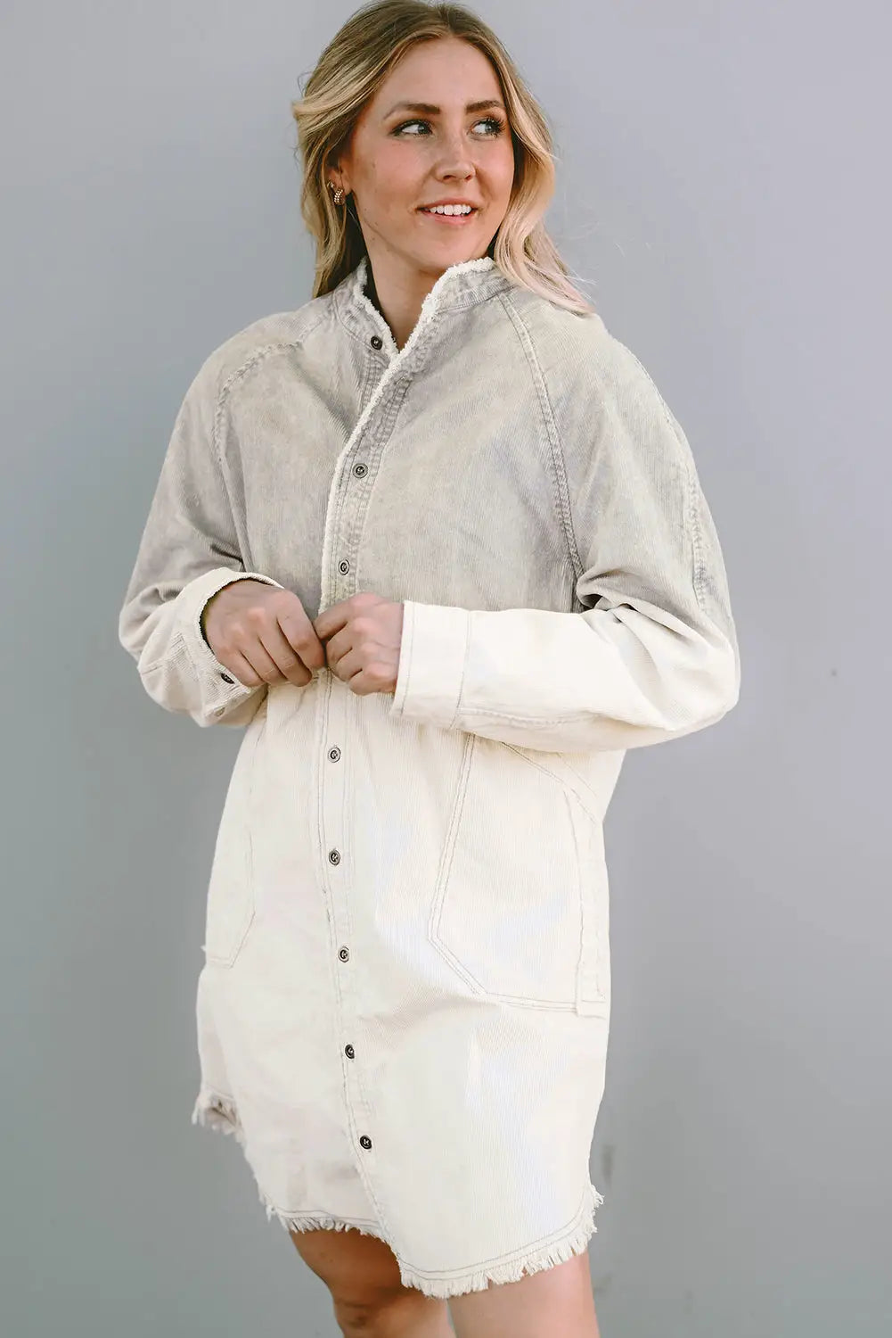 Gray gradient long sleeve button up raw hem denim dress - dresses