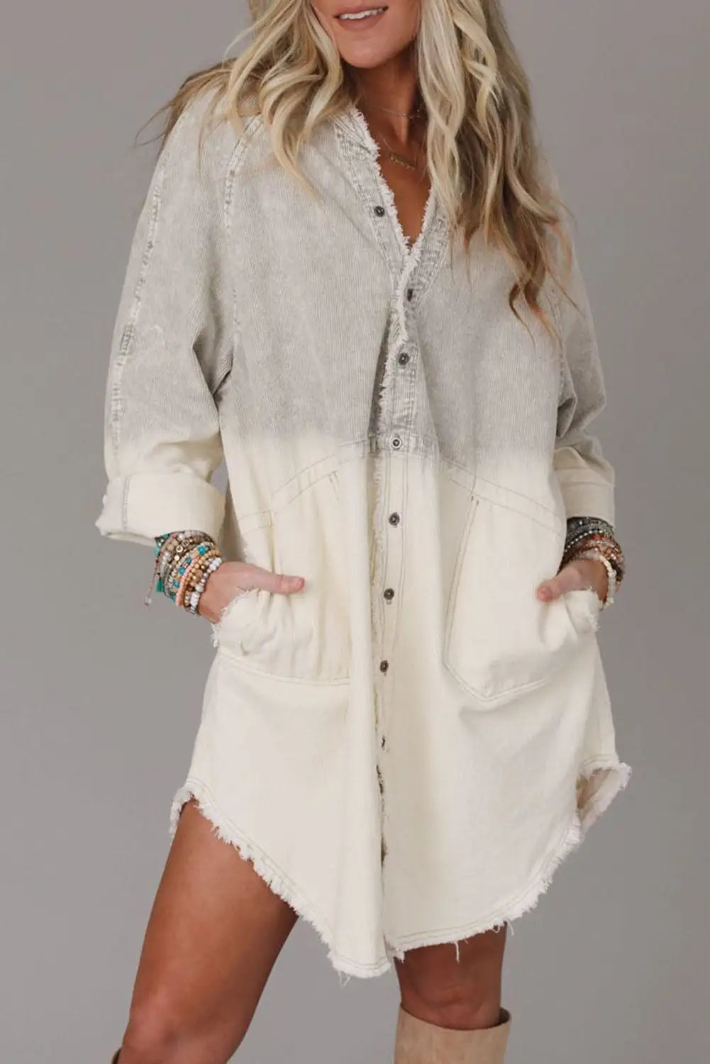 Gray gradient long sleeve button up raw hem denim dress - s / 100% cotton - dresses