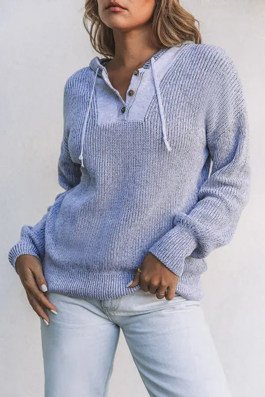 Gray henley v neck hooded sweater - sweaters & cardigans