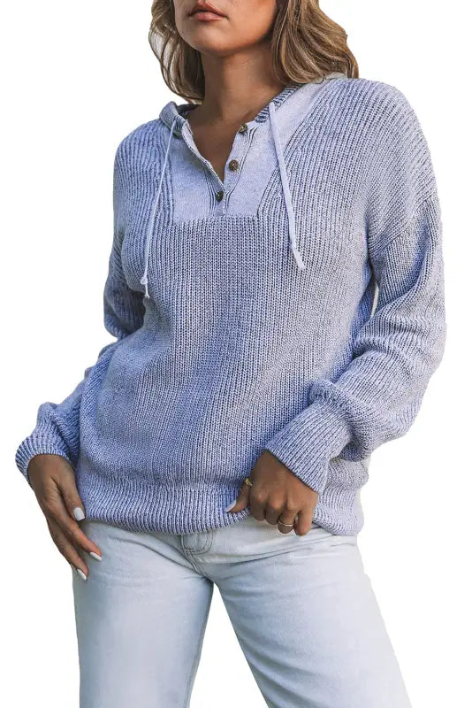 Gray henley v neck hooded sweater - sweaters & cardigans