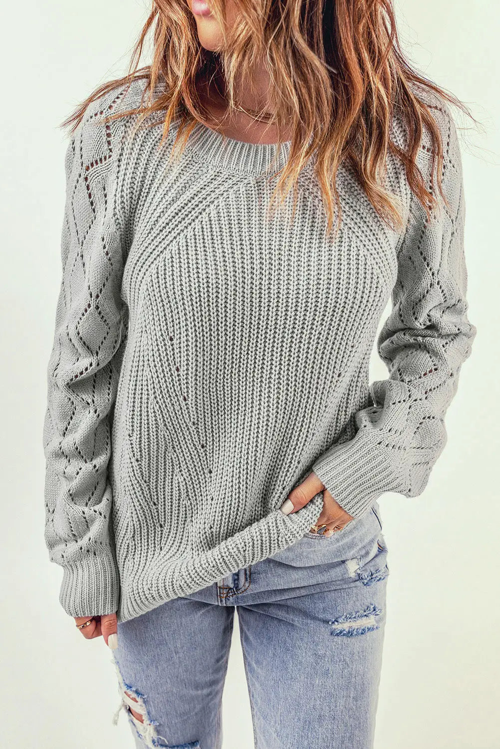 Gray hollow-out puffy sleeve knit sweater - s / 100% acrylic - sweaters & cardigans