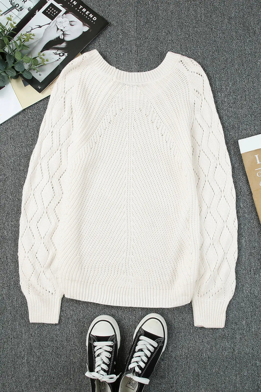 Gray hollow-out puffy sleeve knit sweater - sweaters & cardigans
