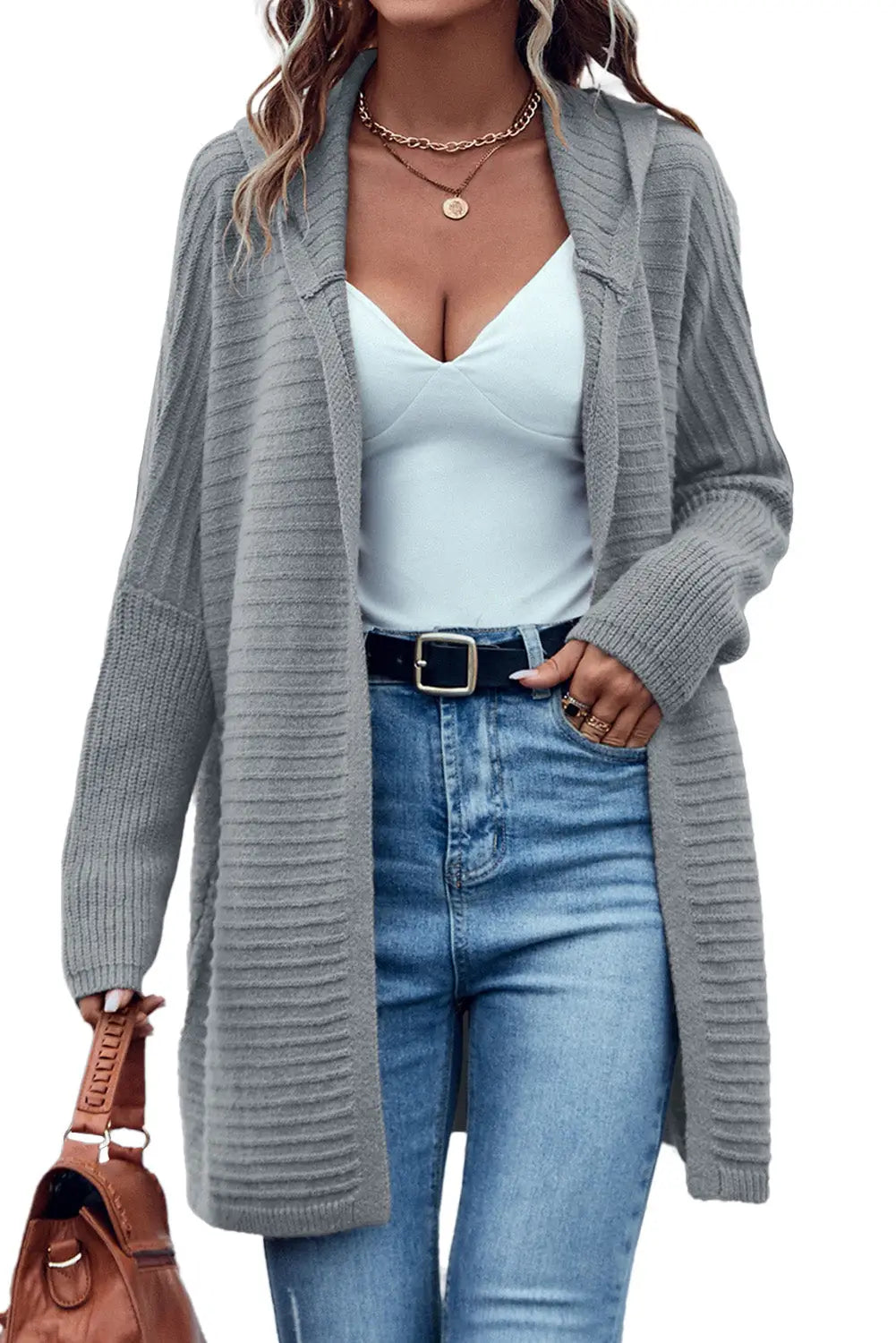 Gray horizontal rib knitted open front hooded cardigan - sweaters & cardigans