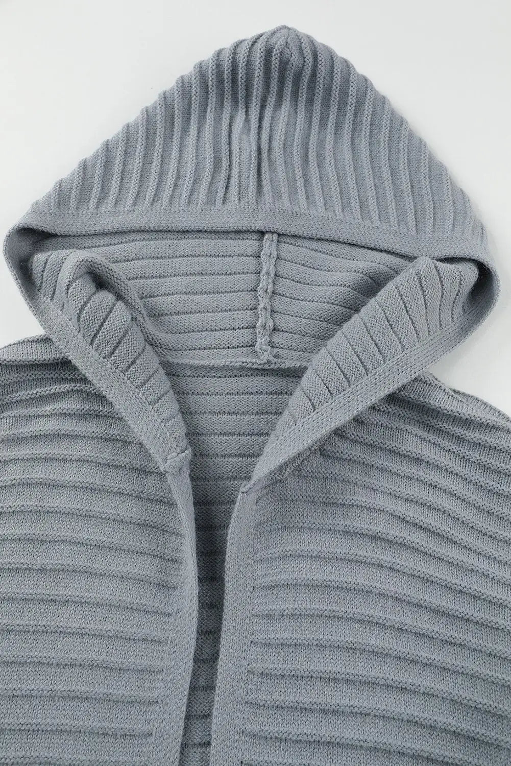 Gray horizontal rib knitted open front hooded cardigan - sweaters & cardigans
