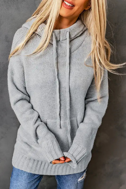 Gray kangaroo pocket cowl neck knitted sweater - sweaters & cardigans