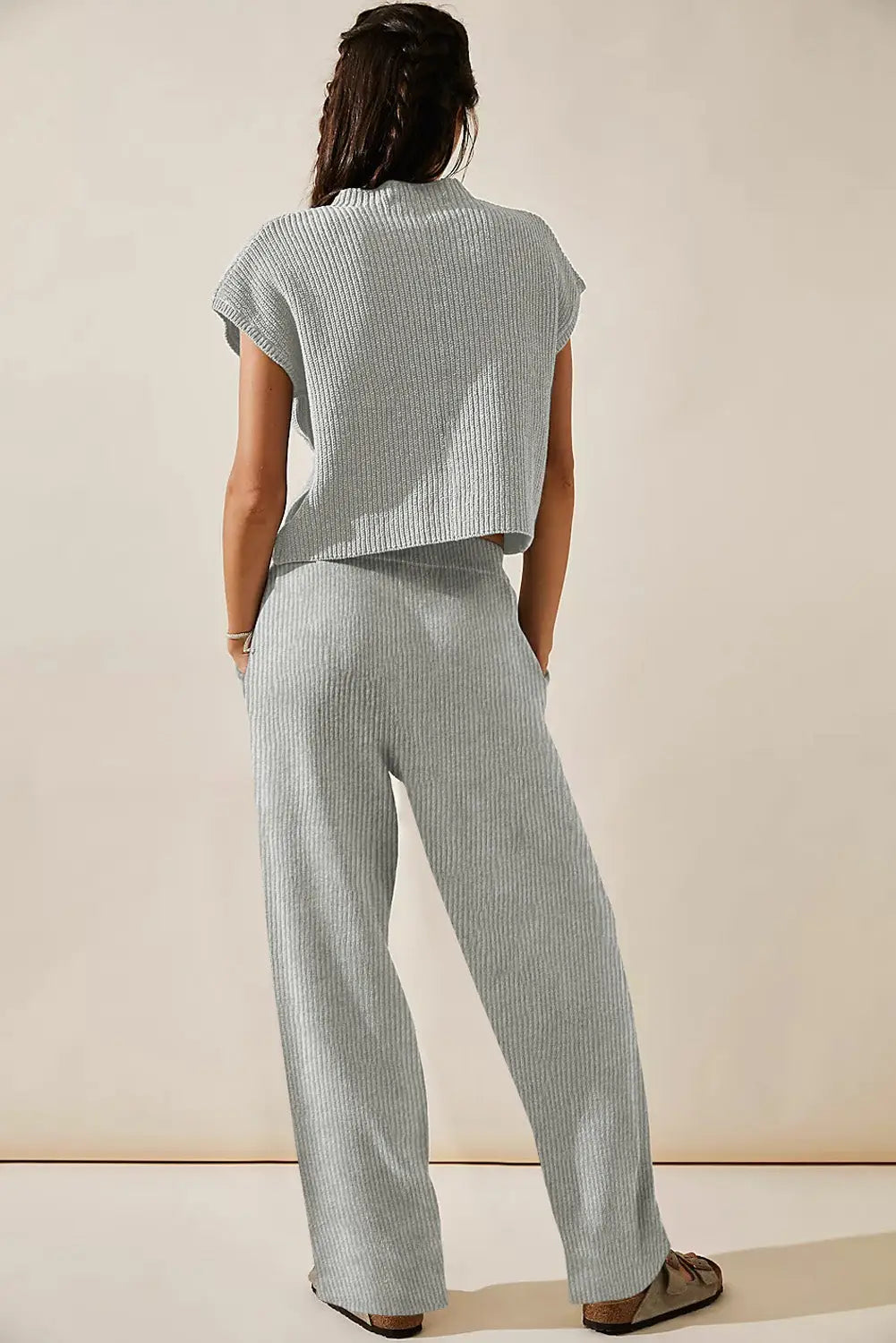 Gray knitted v neck sweater and casual pants set - loungewear
