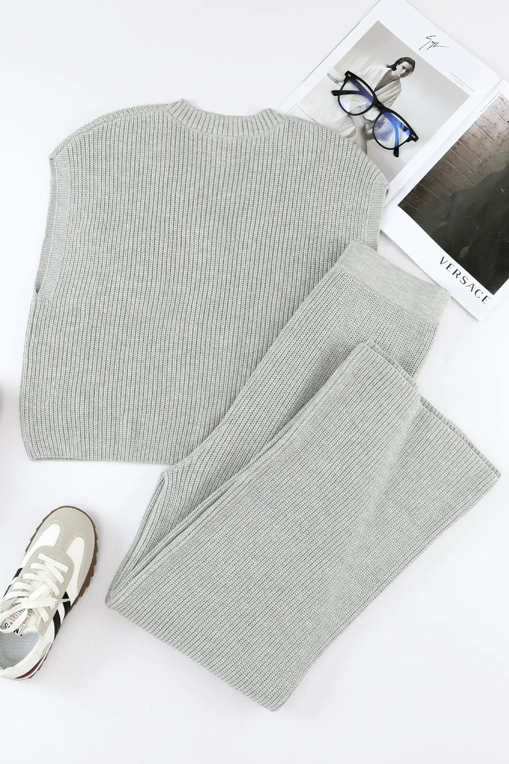 Gray knitted v neck sweater and casual pants set - loungewear