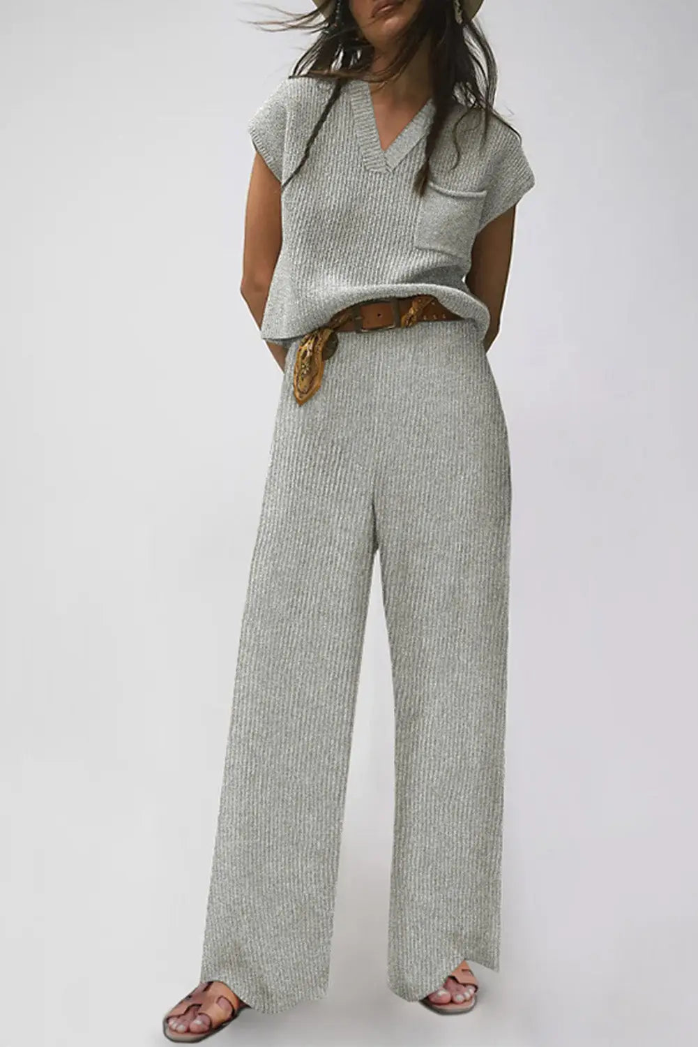 Gray knitted v neck sweater and casual pants set - s / 60% cotton + 40% acrylic - loungewear