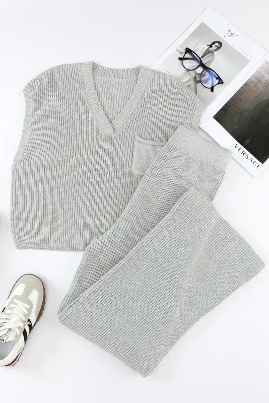 Gray knitted v neck sweater and casual pants set - loungewear