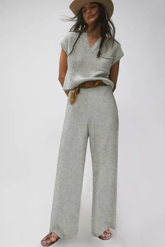 Gray knitted v neck sweater and casual pants set - loungewear