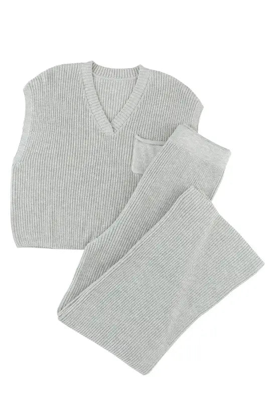 Gray knitted v neck sweater and casual pants set - loungewear