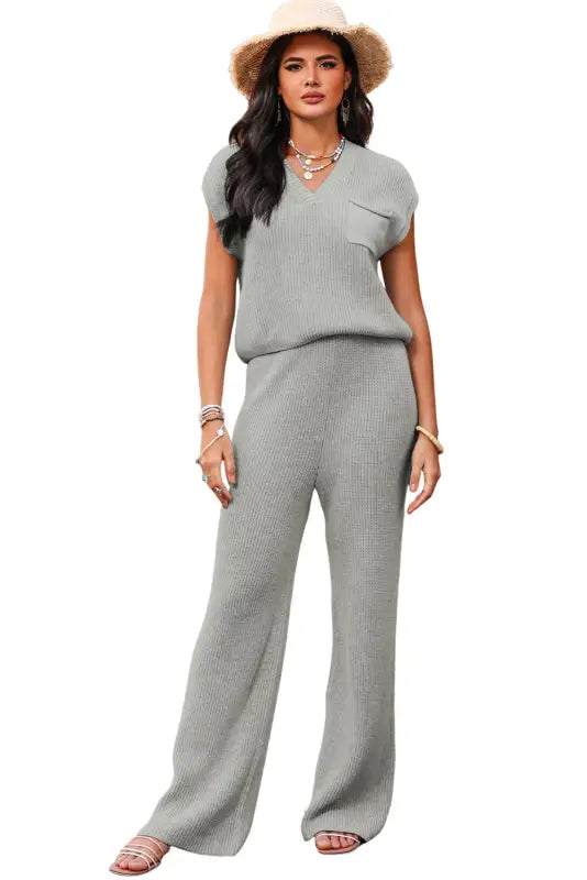 Gray knitted v neck sweater and casual pants set - loungewear