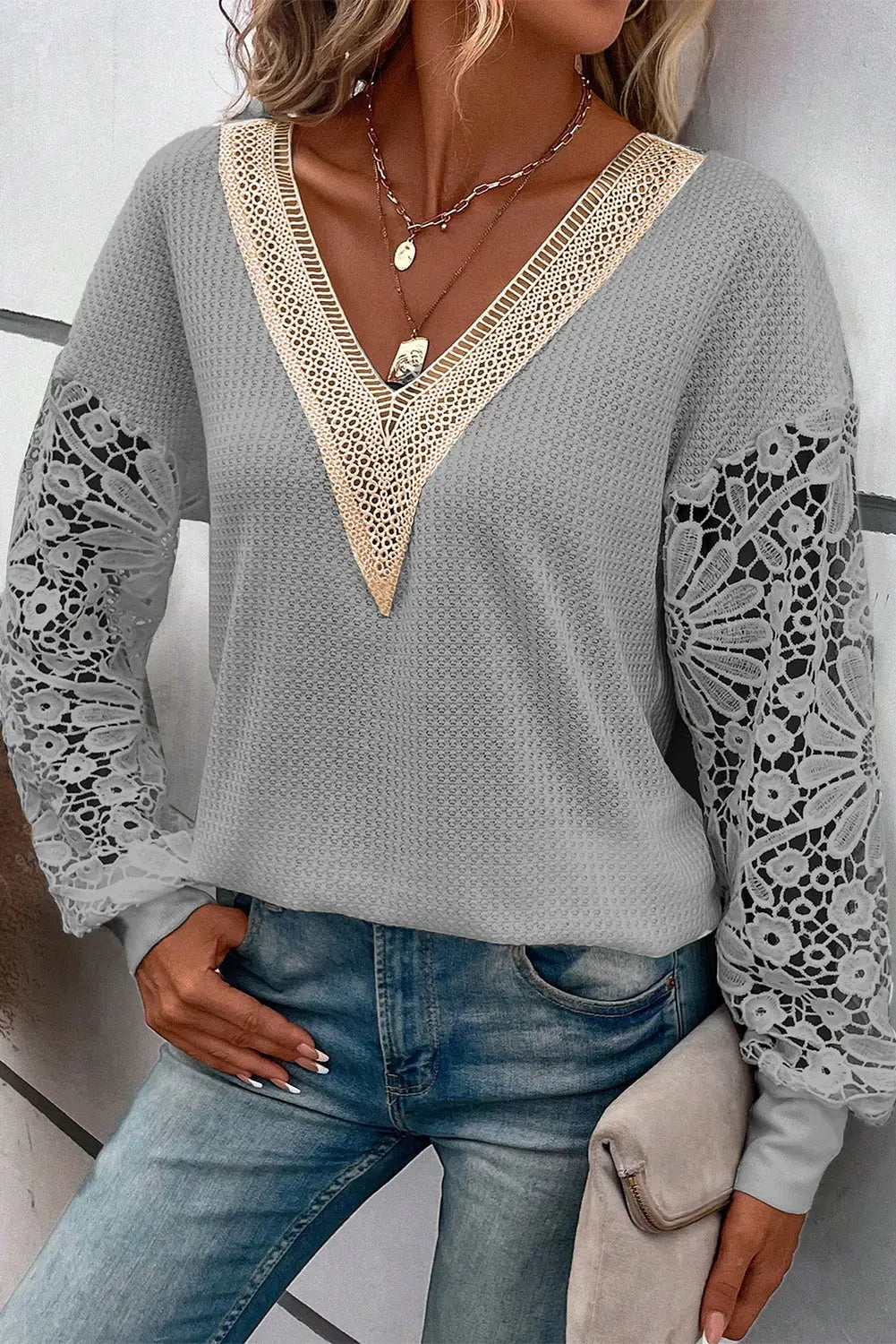 Gray lace splicing v neck puff sleeve top - long tops