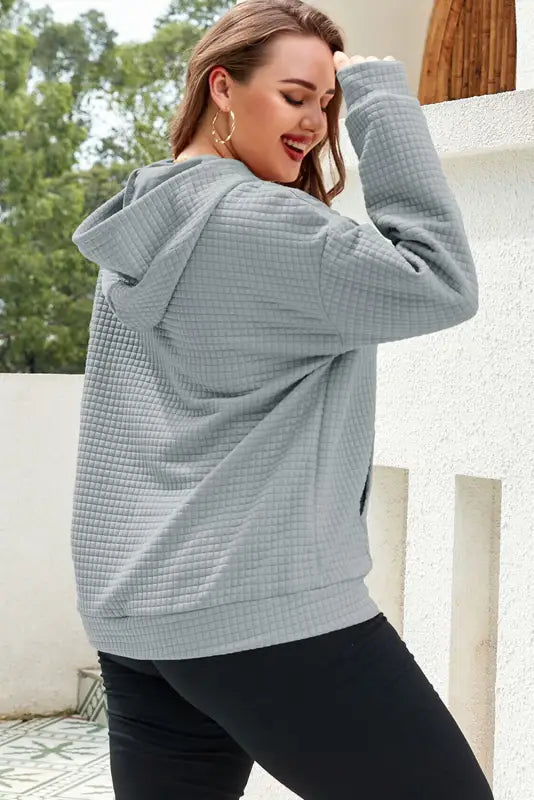 Gray lattice textured hoodie - tops