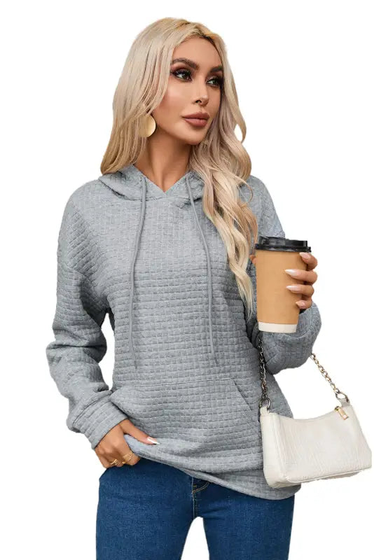 Gray lattice textured hoodie - tops