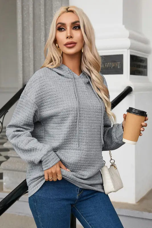 Gray lattice textured hoodie - tops