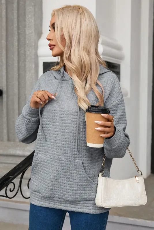 Gray lattice textured hoodie - tops