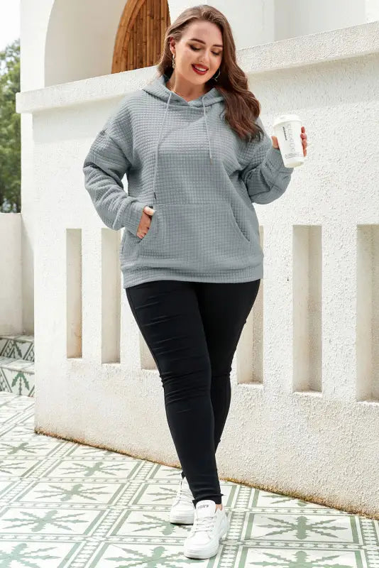 Gray lattice textured hoodie - tops