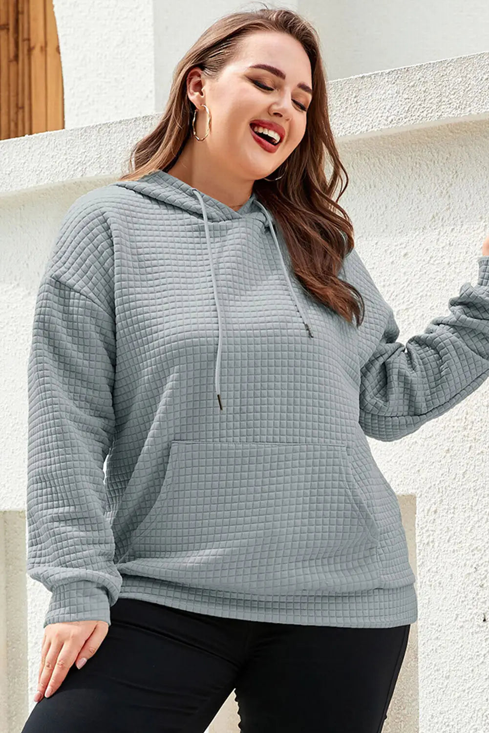 Gray lattice textured kangaroo pocket drawstring hoodie - tops