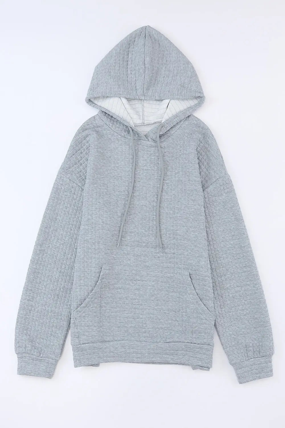Gray lattice textured kangaroo pocket drawstring hoodie - tops