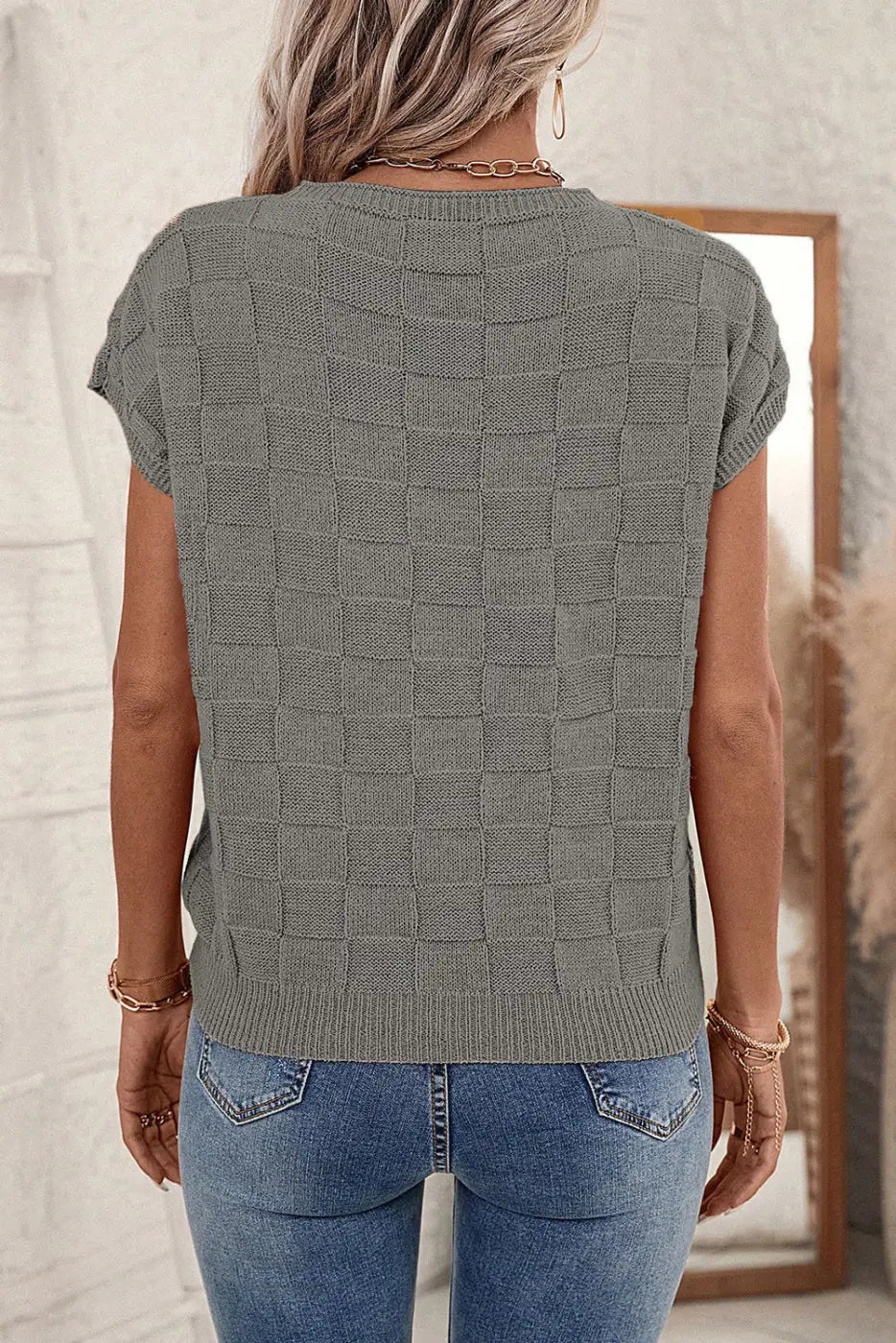 Lattice knit short sleeve sweater - sweaters