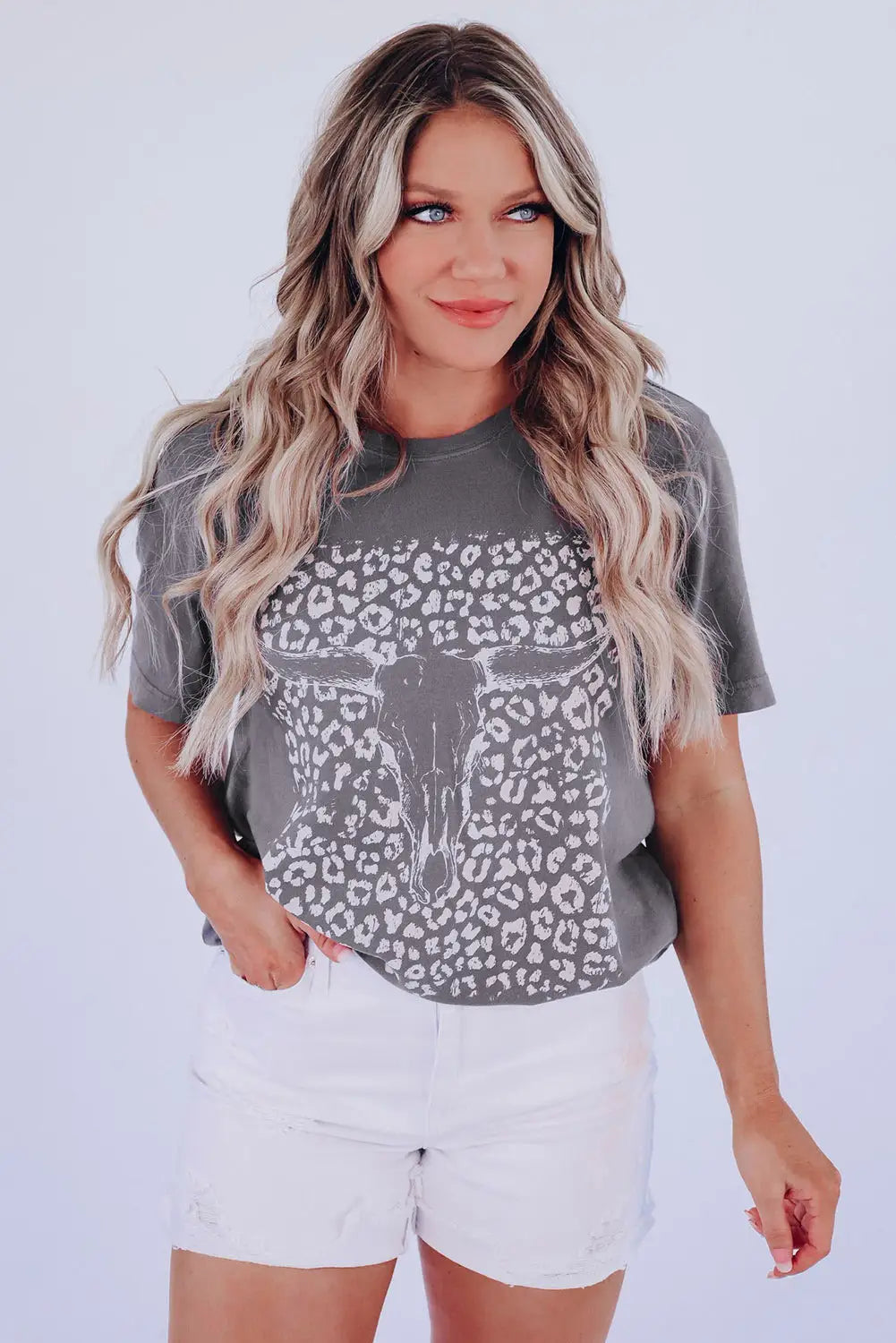 Gray leopard bull skull graphic tee - t-shirts