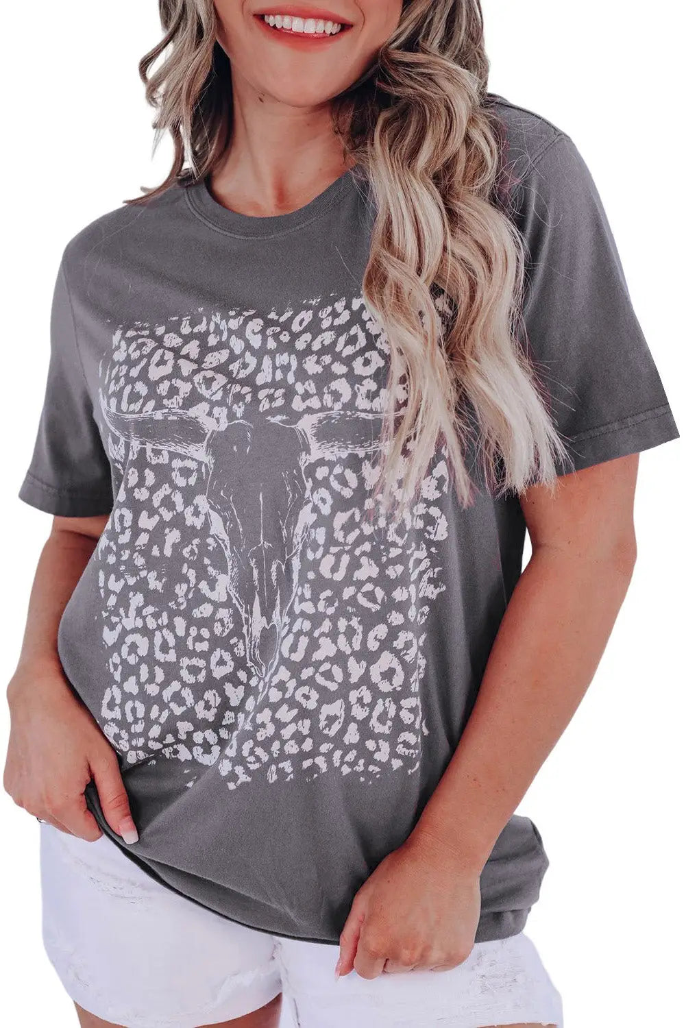 Gray leopard bull skull graphic tee - t-shirts