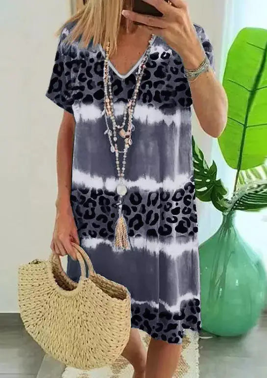 Gray leopard color block v-neck t-shirt dress - t-shirt dresses