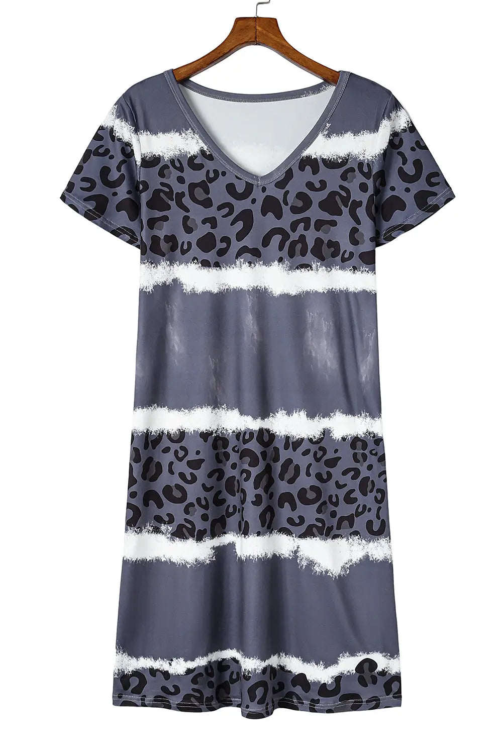 Gray leopard color block v-neck t-shirt dress - t-shirt dresses