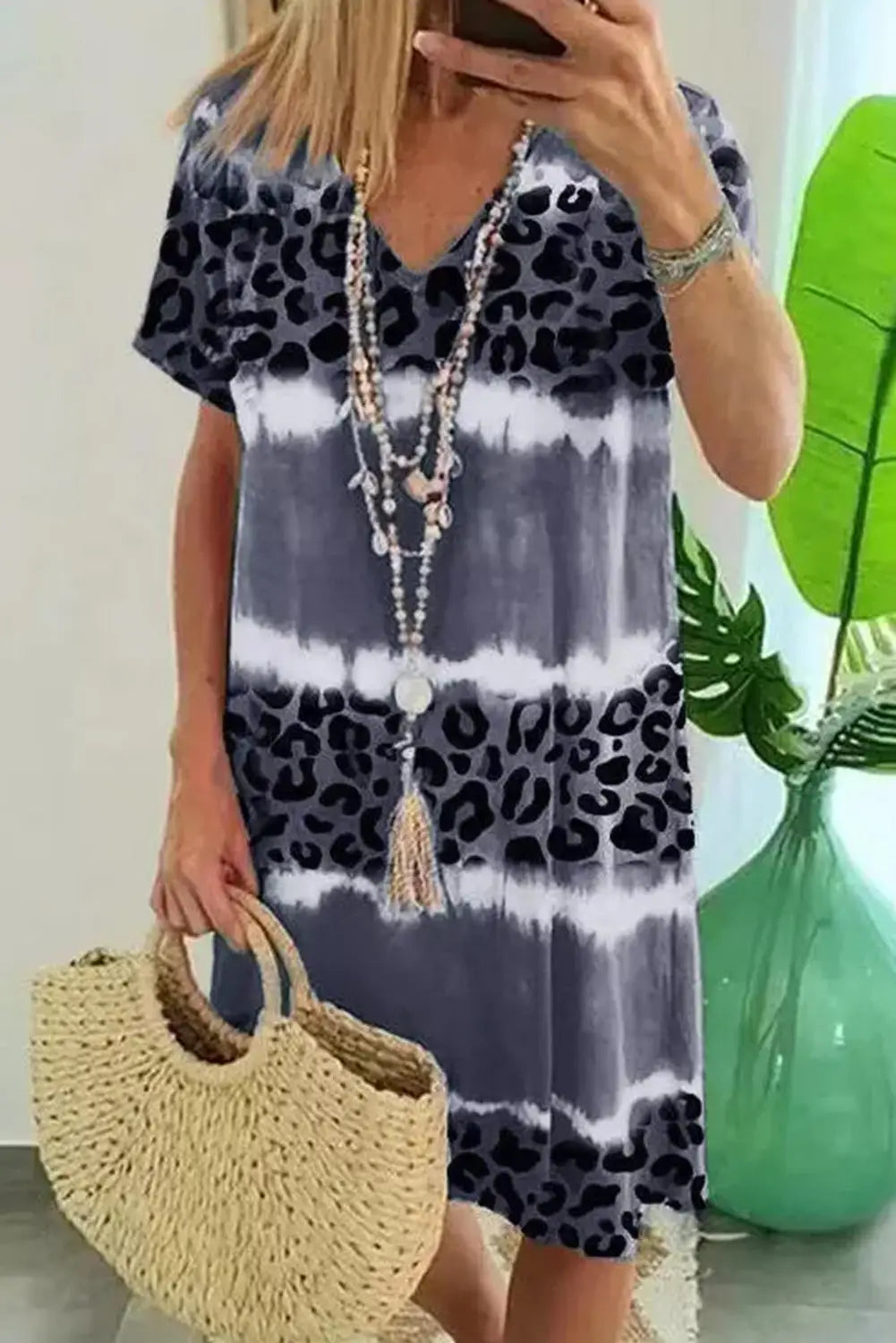 Gray leopard color block v-neck t-shirt dress - dresses