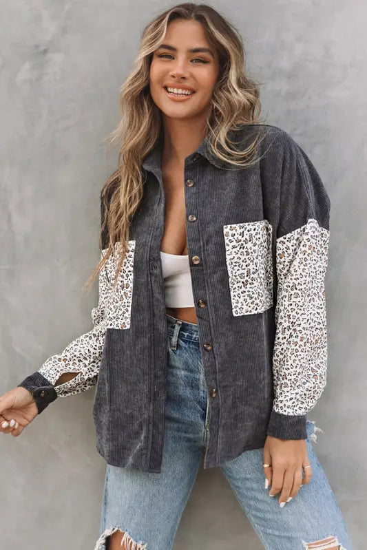 Gray leopard patchwork corduroy buttoned shirt jacket - jackets