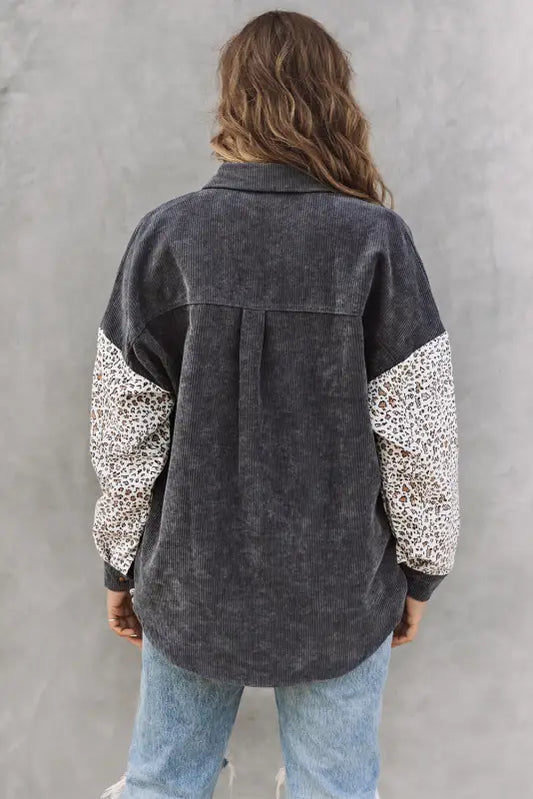 Gray leopard patchwork corduroy buttoned shirt jacket - jackets