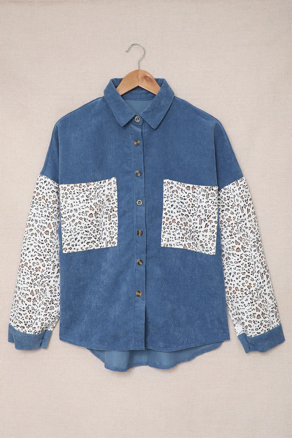 Gray leopard patchwork corduroy buttoned shirt jacket - jackets