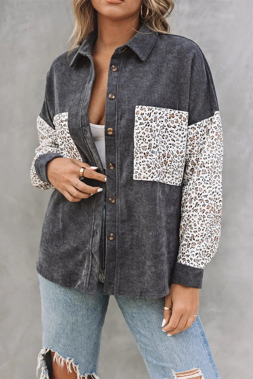 Gray leopard patchwork corduroy buttoned shirt jacket - jackets