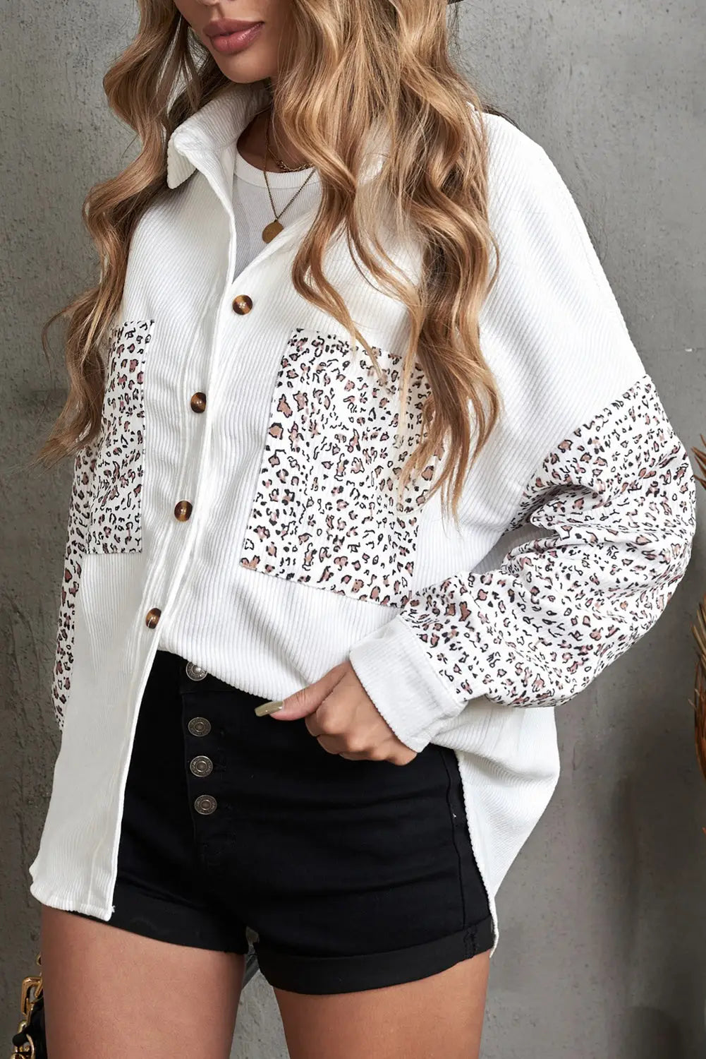 Gray leopard patchwork corduroy buttoned shirt jacket - white / s / 100% polyester - jackets