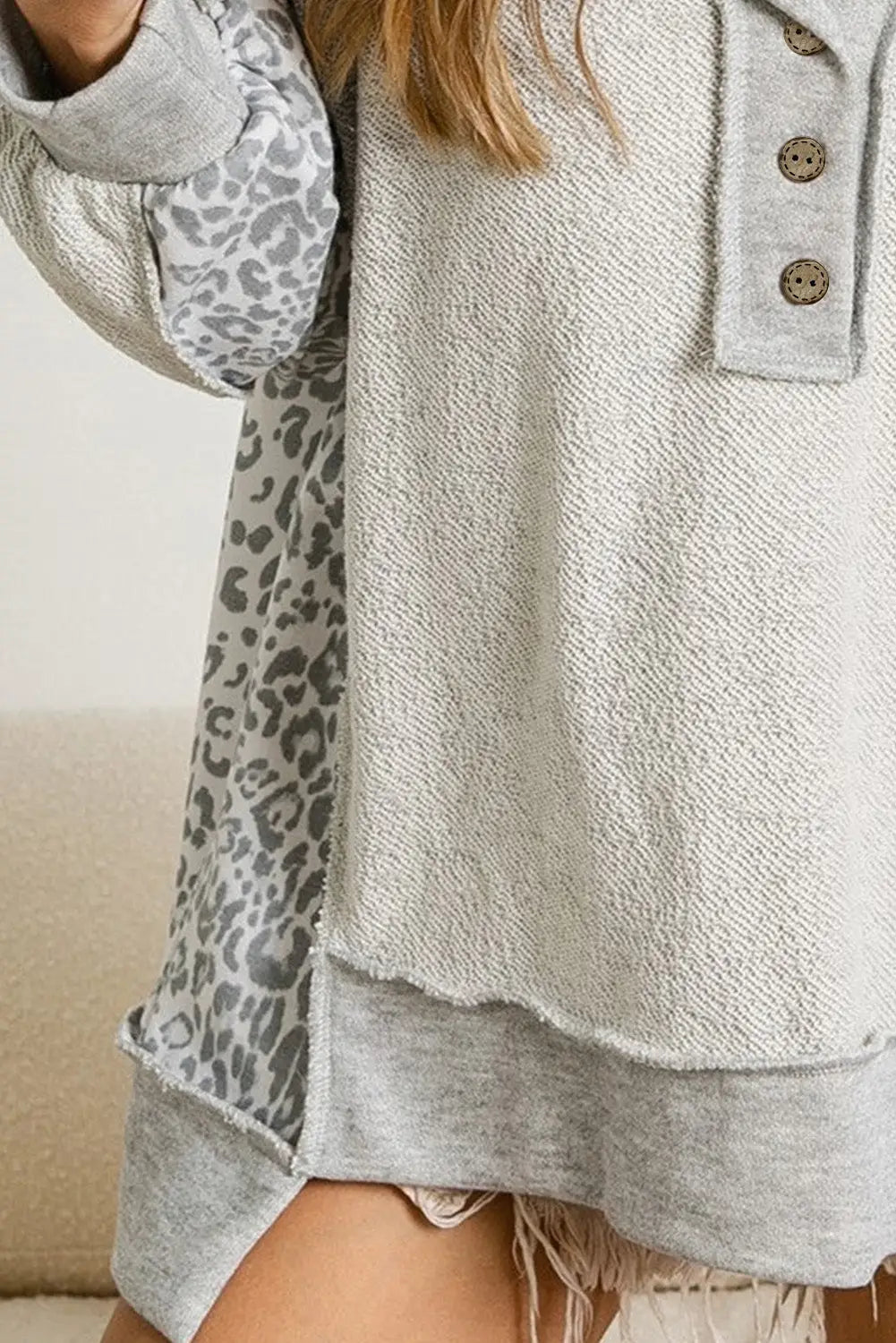 Gray leopard patchwork exposed seam buttoned neck sweatshirt - sweatshirts & hoodies