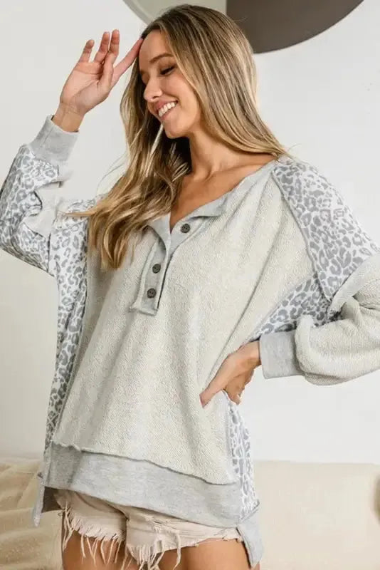 Gray Leopard Patchwork Sweatshirt - Fashionfitz