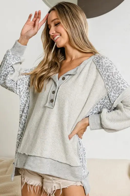 Gray leopard patchwork sweatshirt - sweatshirts