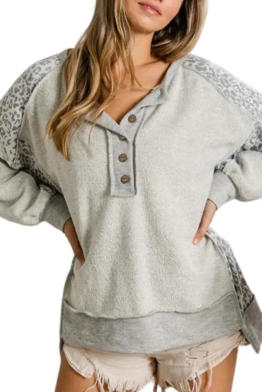 Gray leopard patchwork sweatshirt - sweatshirts