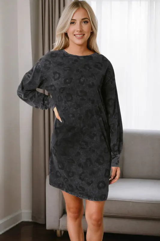 Gray leopard pocketed puff sleeve mini dress - dresses