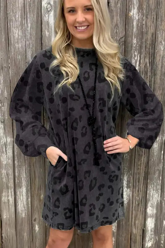 Gray leopard pocketed puff sleeve mini dress - dresses