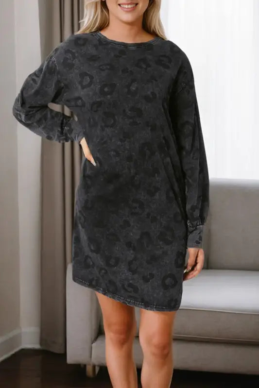 Gray leopard pocketed puff sleeve mini dress - dresses