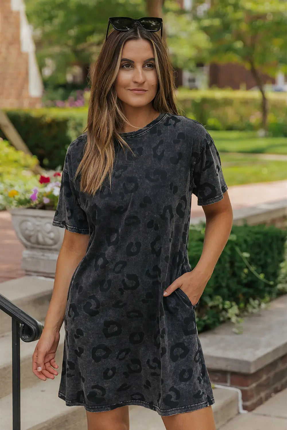 Gray leopard pocketed puff sleeve mini dress - gray1 / s 100% cotton dresses