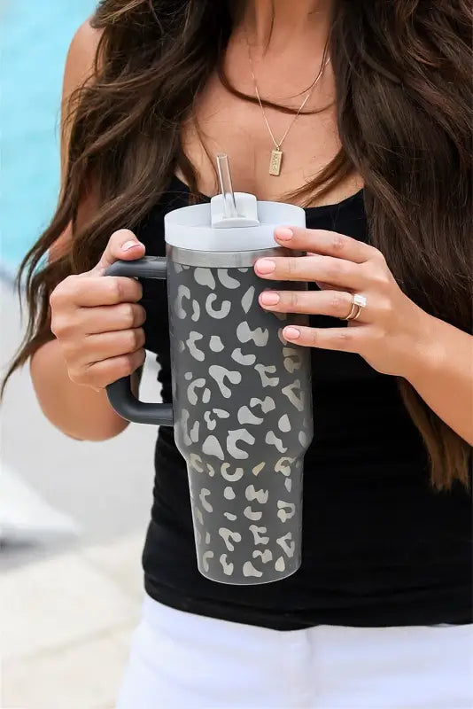 Gray leopard 40 oz stainless steel cup with handle | fashionfitz