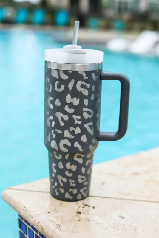 Gray leopard 40 oz stainless steel cup with handle | fashionfitz