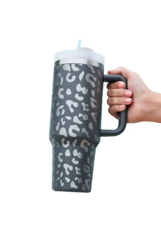 Gray leopard 40 oz stainless steel cup with handle | fashionfitz