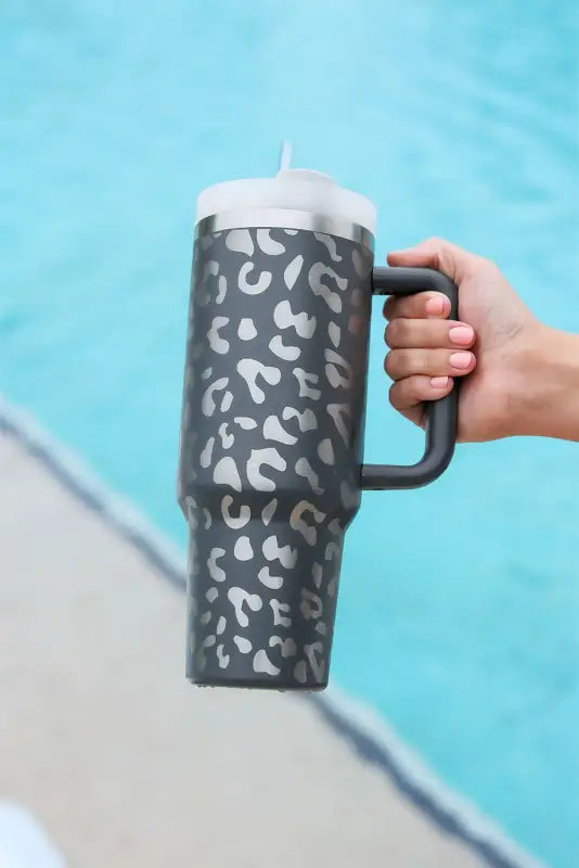 Gray leopard 40 oz stainless steel cup with handle | fashionfitz