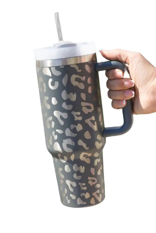 Gray leopard 40 oz stainless steel cup with handle | fashionfitz