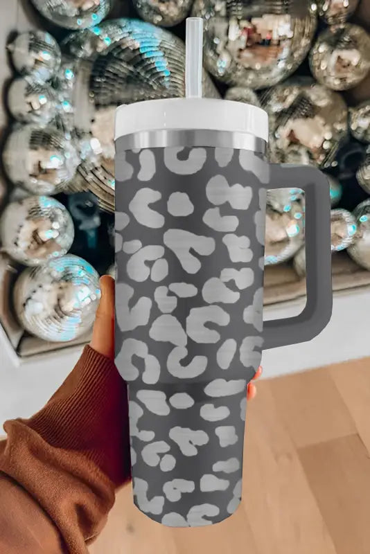 Gray leopard 40 oz stainless steel cup with handle | fashionfitz